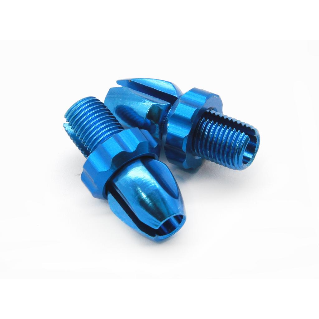 Two Salt M10 Brake Cable Barrel Adjusters, made from blue anodized 6061-T6 alloy with hexagonal bases and ridged details, shown on a white background.