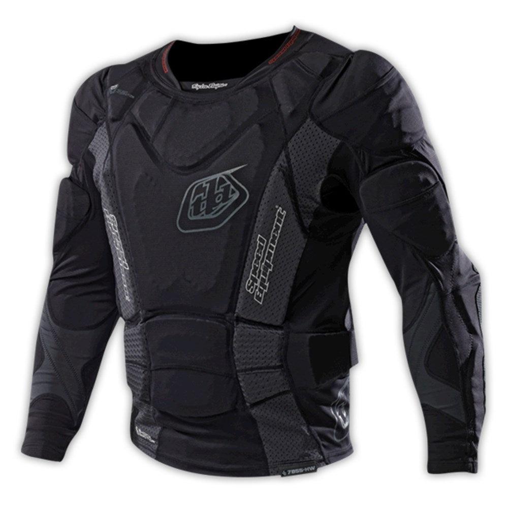 The TLD UPL 7855 LS Protective Shirt (Youth) is a black long-sleeve padded shirt with removable armor on the chest, shoulders, arms, and sides, designed as an upper protection layer for impact protection in sports or motorcycling.