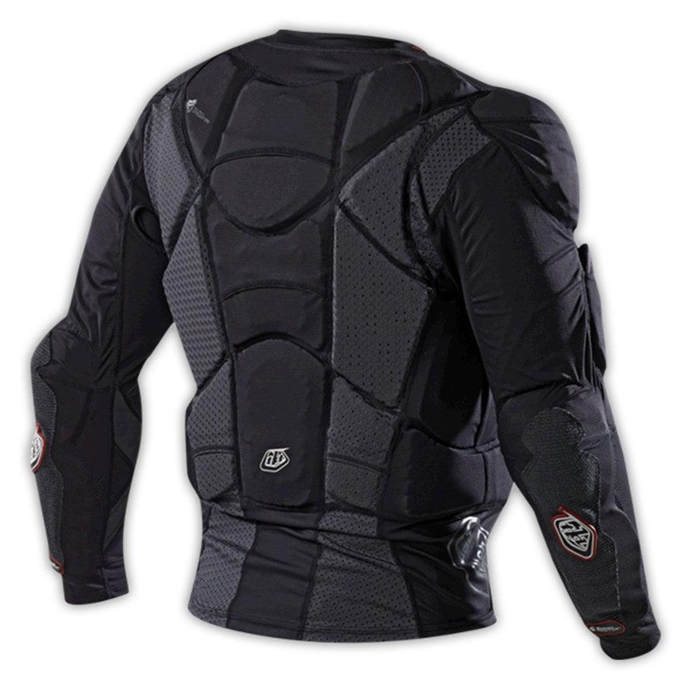 The TLD UPL 7855 LS Protective Shirt (Adult) is a black long-sleeve sports jacket with padded back and arm sections for impact protection, perfect for rider customization armour, shown against a white background.