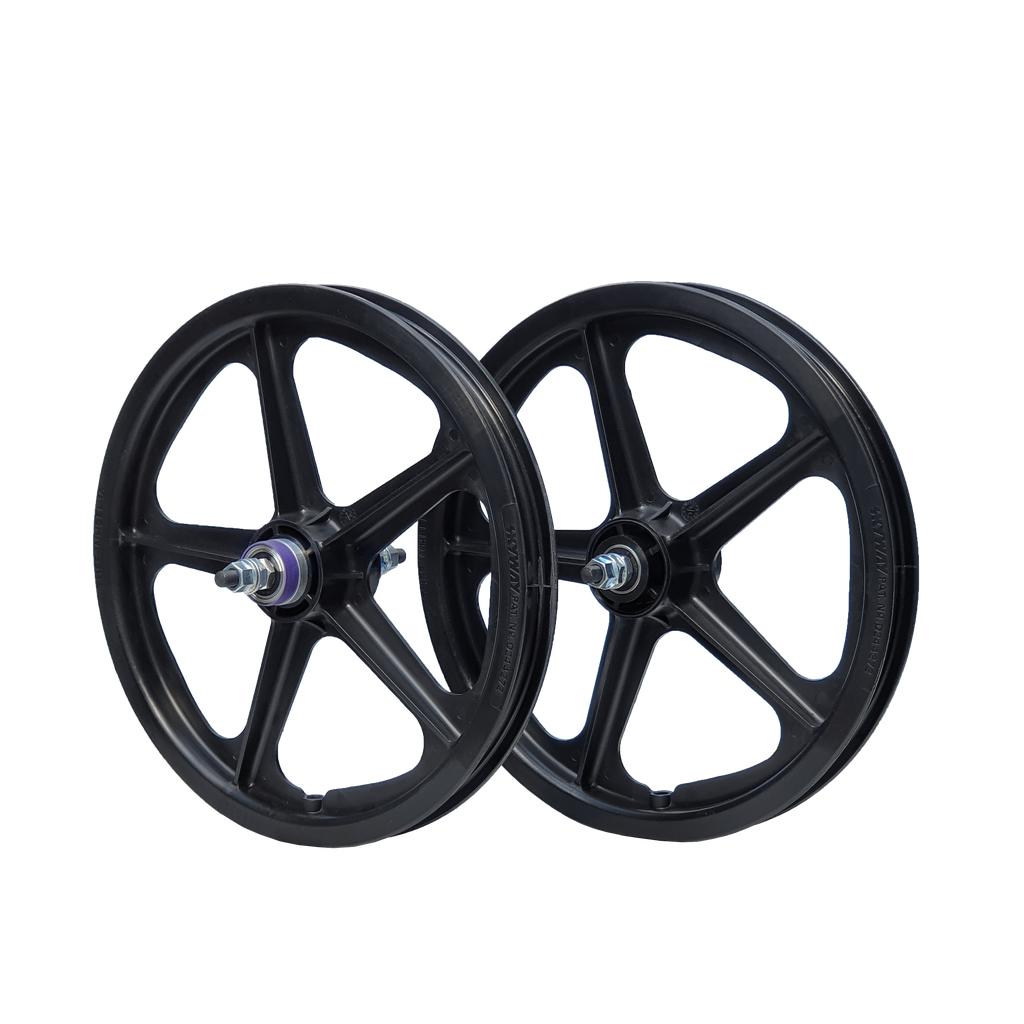 The Skyway Tuff 5 Spoke 16 Inch Wheelset, featuring two black wheels with metal axles, five spokes each, and sealed bearings, stands upright and slightly overlapping on a white background.