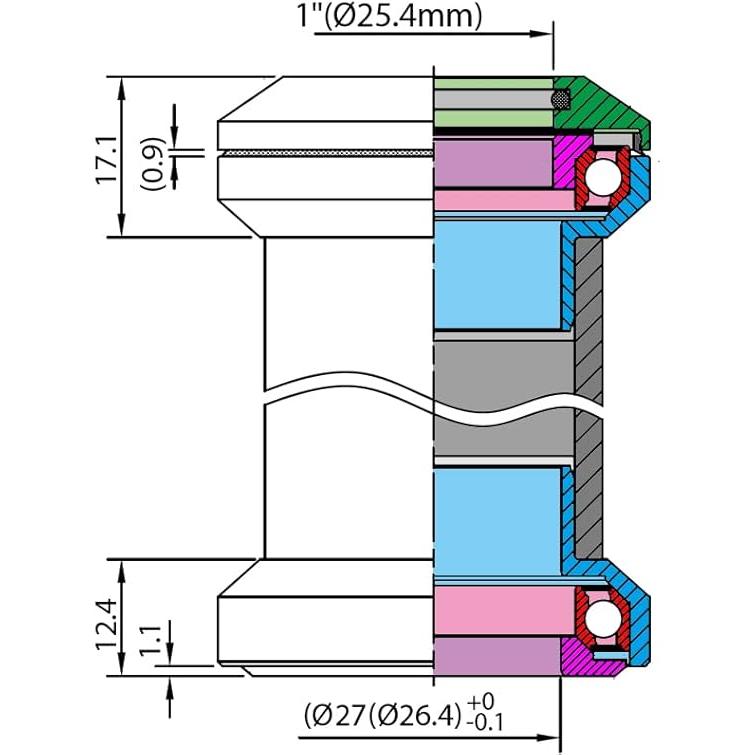 Technical cross-sectional diagram of the Neco Push-In 1-1/8 Headset, showing colored internal parts, annotated dimensions, and tolerances in both millimeters and inches.