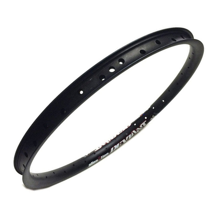 The Alienation Deviant 18 Inch Rim is a lightweight, black bike rim made from 6069-T6 aluminum with multiple spoke holes, displayed against a plain white background.