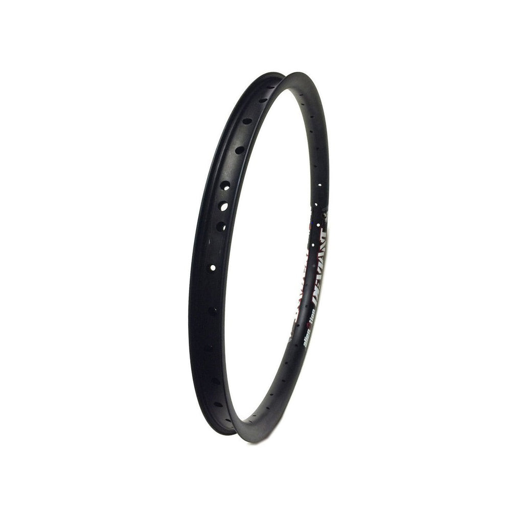 The Alienation Deviant 18 Inch Rim is a black 6069-T6 aluminum front bicycle rim with multiple spoke holes, shown against a white background.