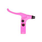 Close-up of an Odyssey Monolever Short Lever in pink, featuring the brand name "Odyssey" printed on it. This short brake lever includes two adjustment screws and a black barrel adjuster, making it a popular choice among pro riders for its precision and control.