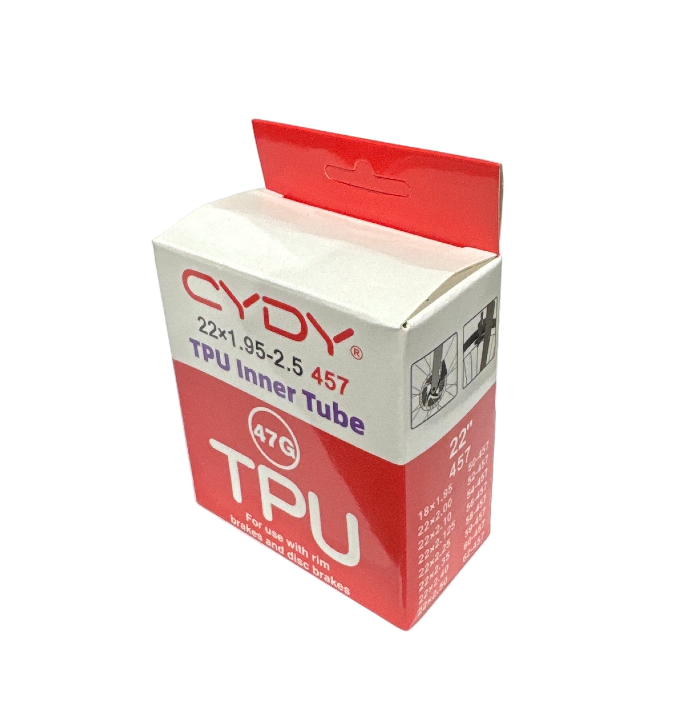 A white and red box labeled "CYDY TPU 22 Inch Inner Tube Presta Valve" displays product details and illustrations, emphasizing its ultra-light design and Presta valve for improved bike performance.
