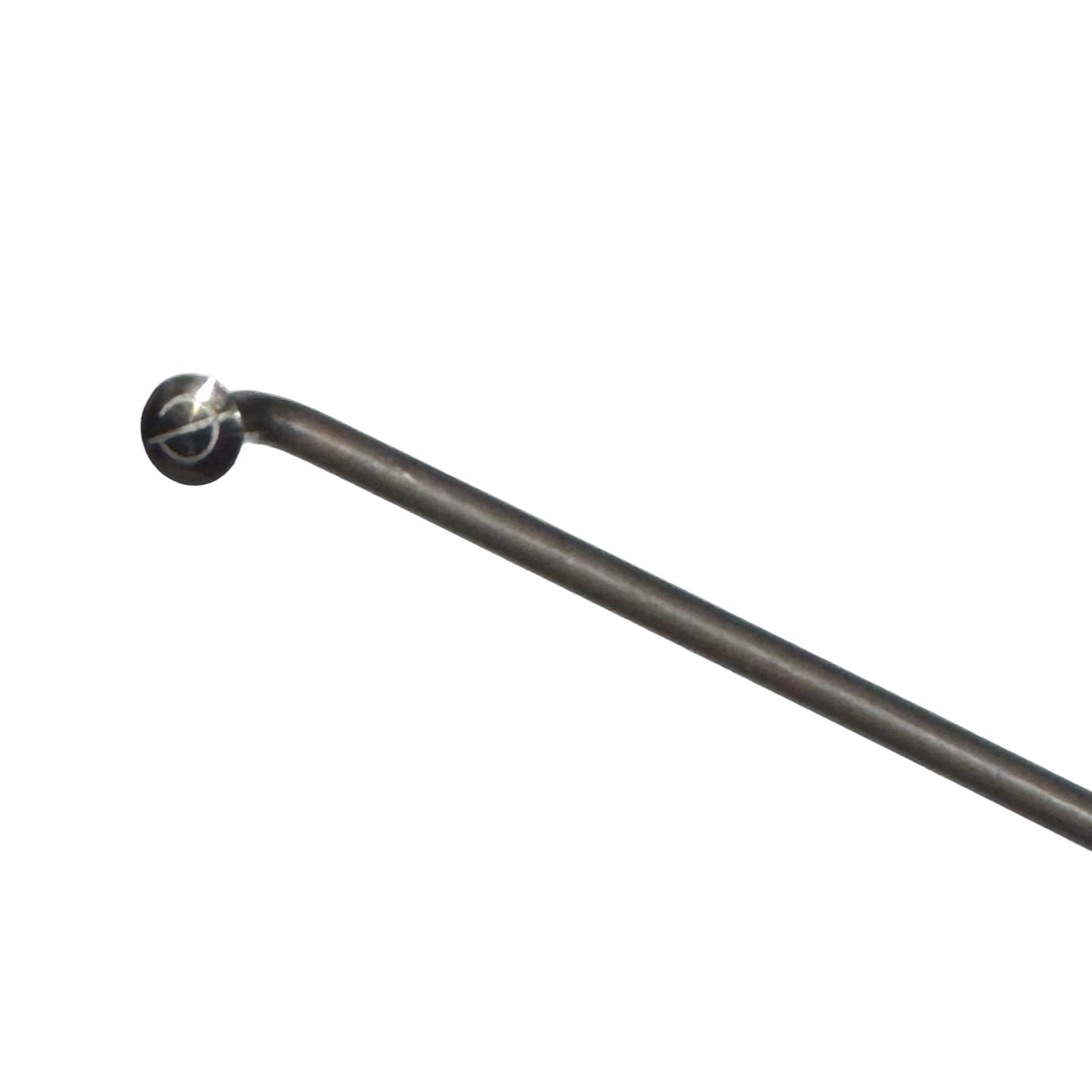 Close-up of the Spectre Titanium V3 14g Spoke (Each) in Gun Metal, featuring a rounded ball end and slot, crafted from lightweight Grade 5 6Al4V Titanium, ideal for bicycle use, isolated on a white background.