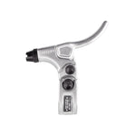 The Odyssey Monolever Short Lever is a silver BMX brake lever featuring a hinged clamp, two mounting bolts, and a black adjustment knob, shown from the side on a white background.
