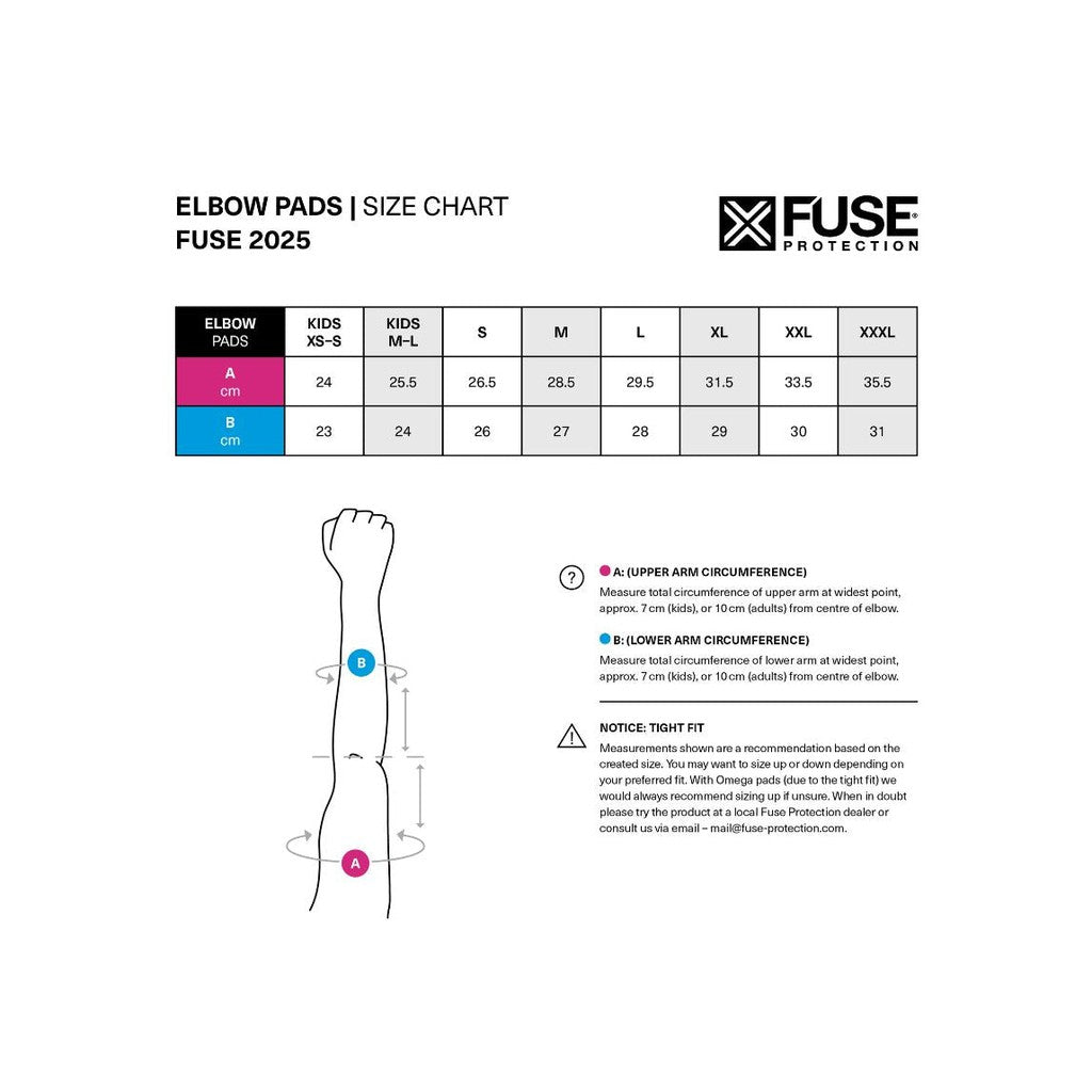 The size chart for the Fuse Echo Sas Tec Elbow Pads (Pair) highlights dimensions ranging from Kids XS-S to XXXL and includes instructions on measuring arm circumference, ensuring an optimal fit and maximizing impact absorption with SAS-TEC foam.