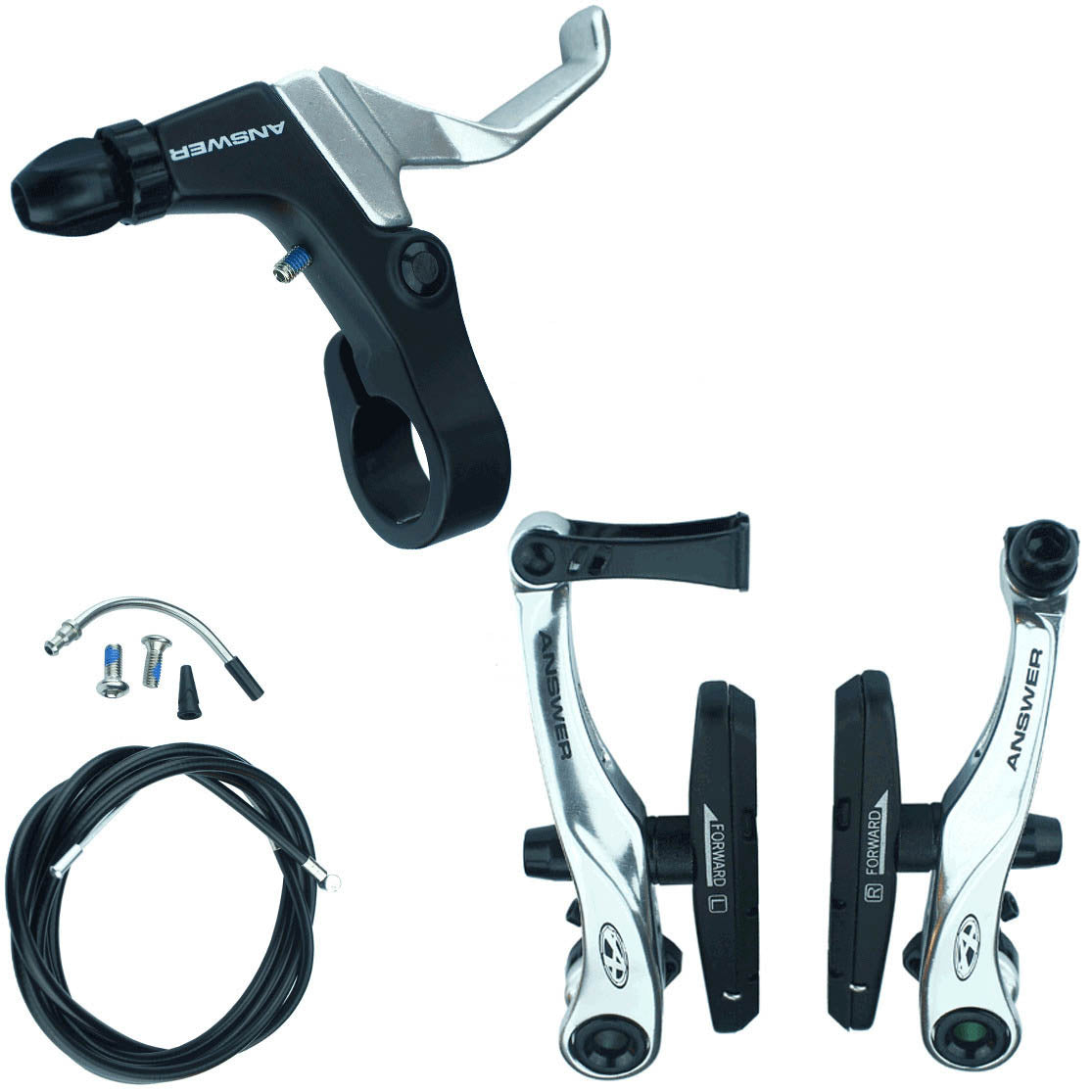 Bicycle brake components including a lever, calipers, Answer Mini V-Brake Kit pads, and cables, arranged on a white background.