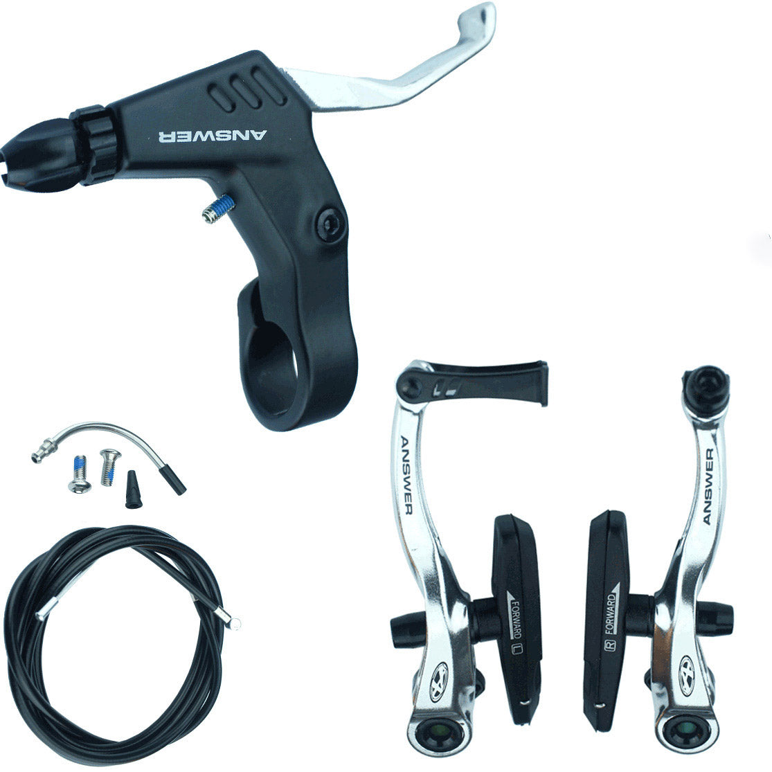 Answer Pro V-Brake Kit components including a black brake lever, two silver calipers with BMX V-brakes, and cabling on a white background.