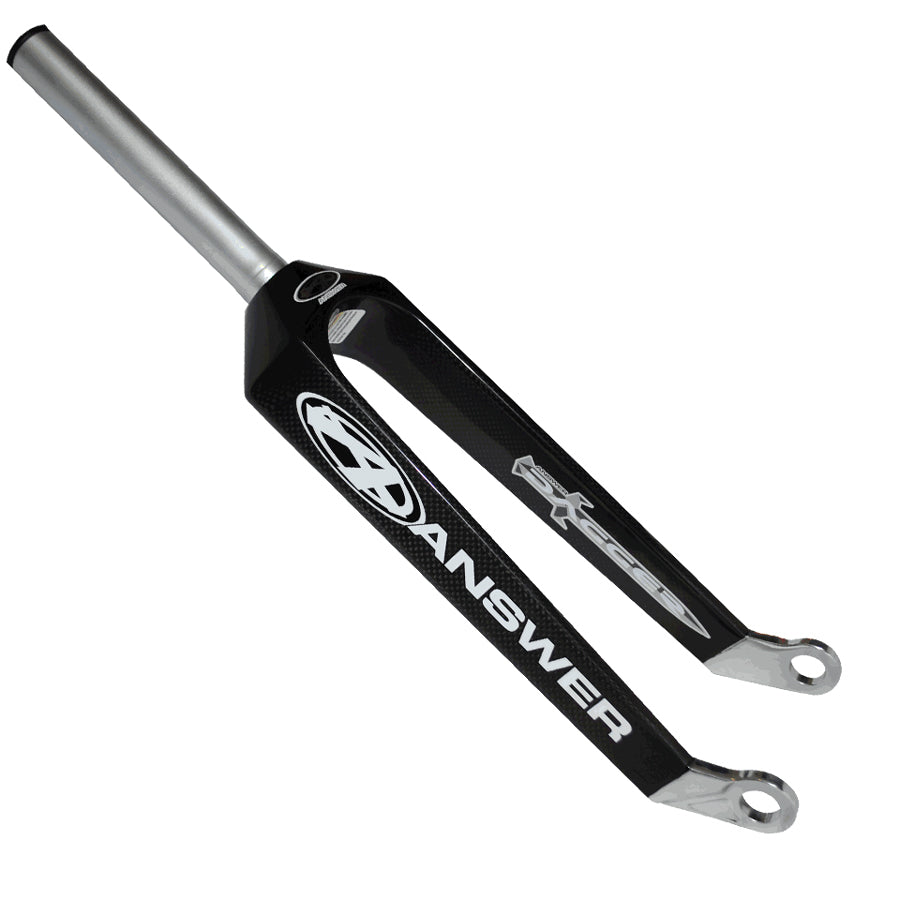 A black and white bike fork with the Answer Dagger Carbon Fork Pro-24" 20mm logo on it.