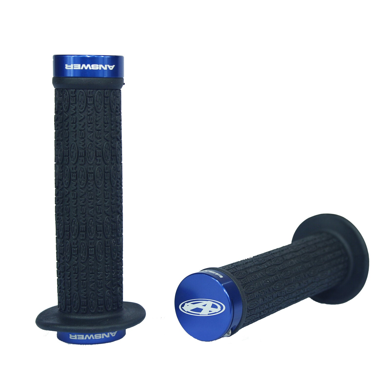 A pair of black and blue Answer Pro Lock-On Flanged grips on a white background.