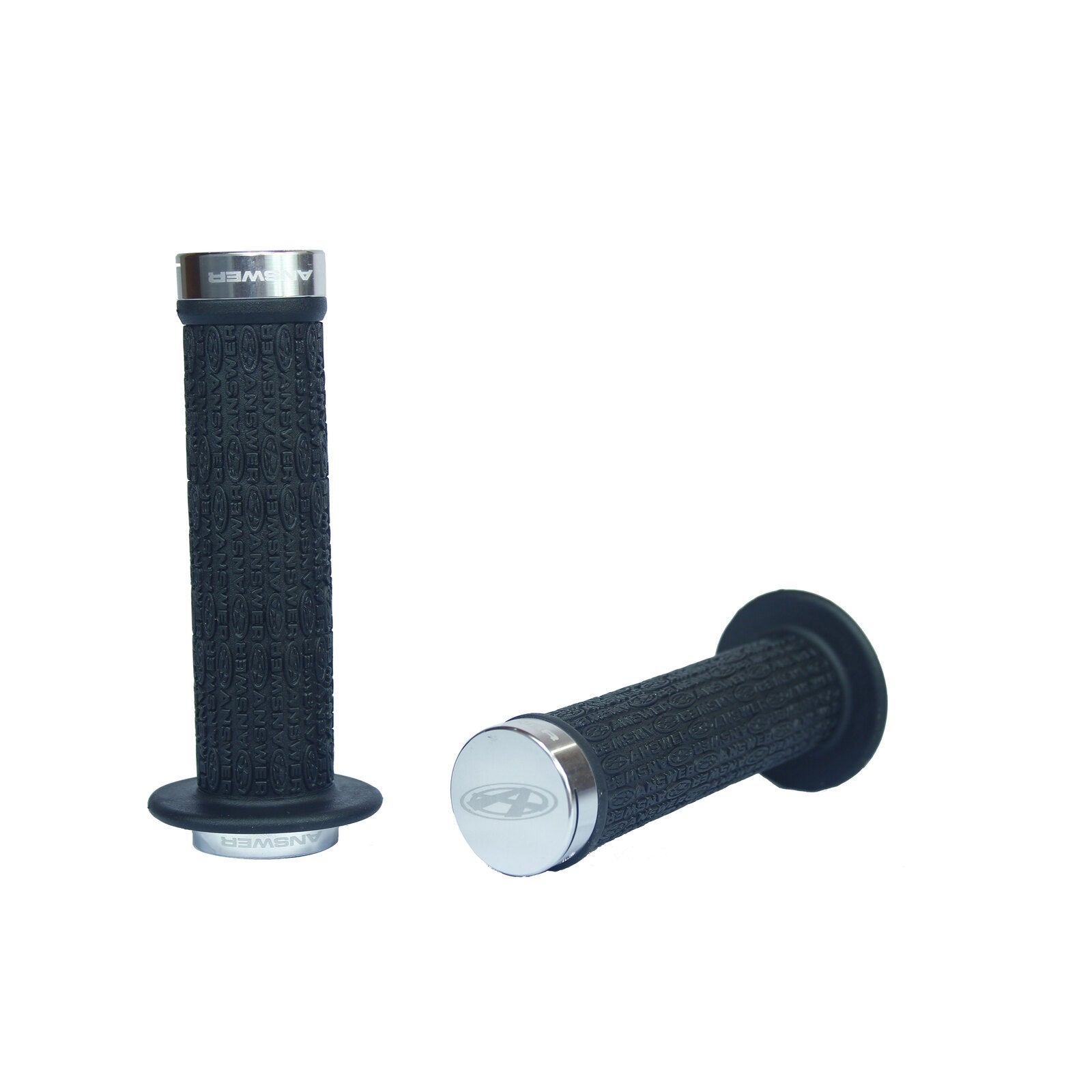 A pair of flangeless black rubber grips, the Answer Mini Lock-On Flanged Grips, on a white background.