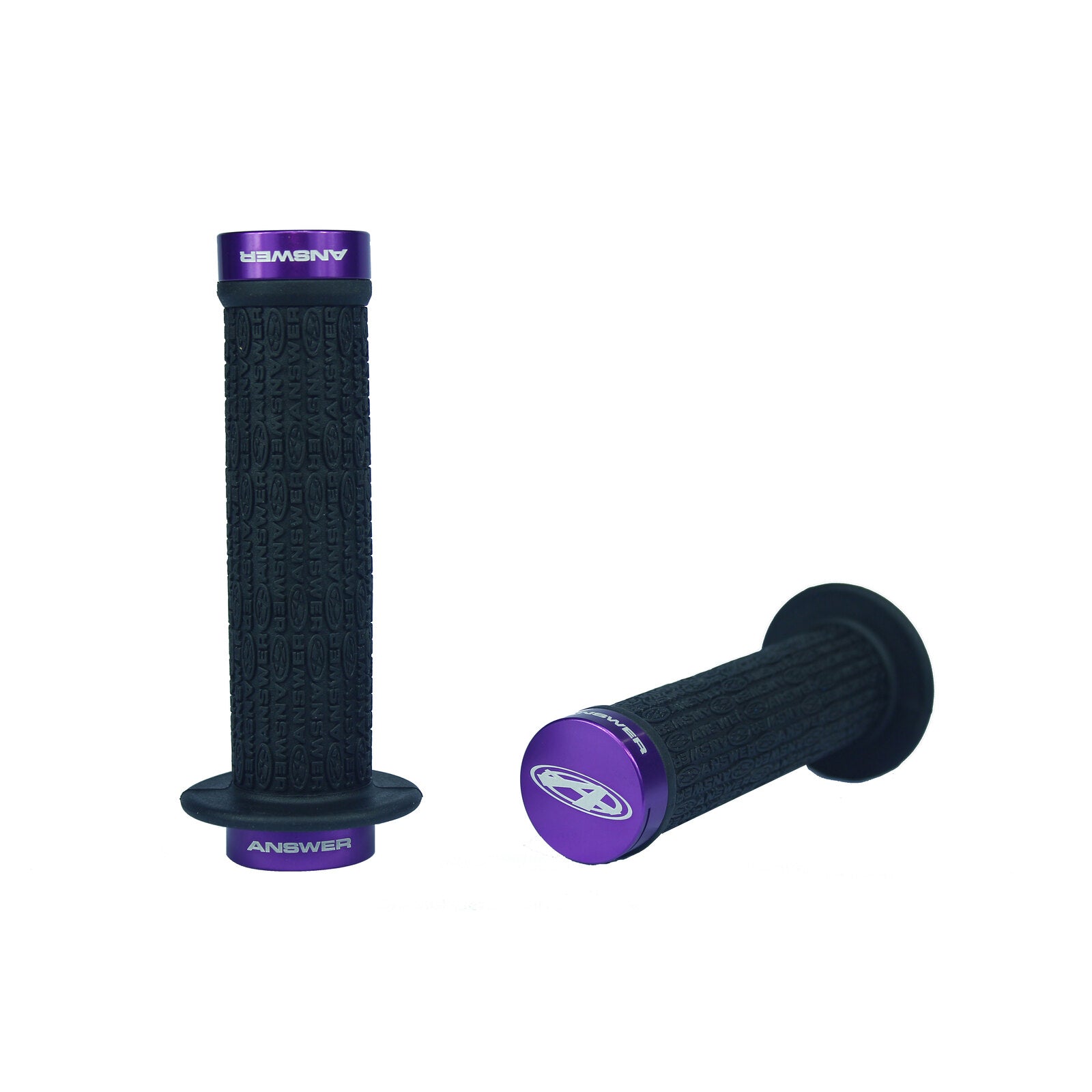 Purple and black Answer Pro Lock-On Flanged grips on a white background.