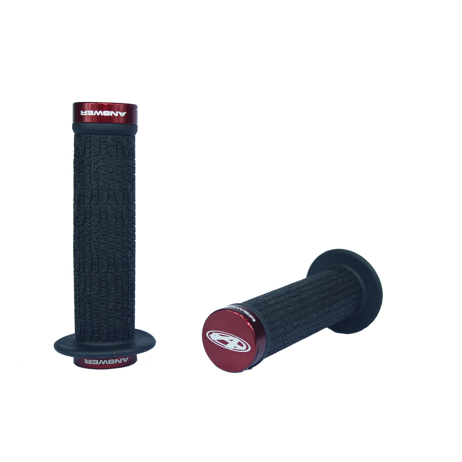 A pair of black and red grips, known as Answer Pro Lock-On Flanged Grips, enhancing the colours of a race bike on a white background.