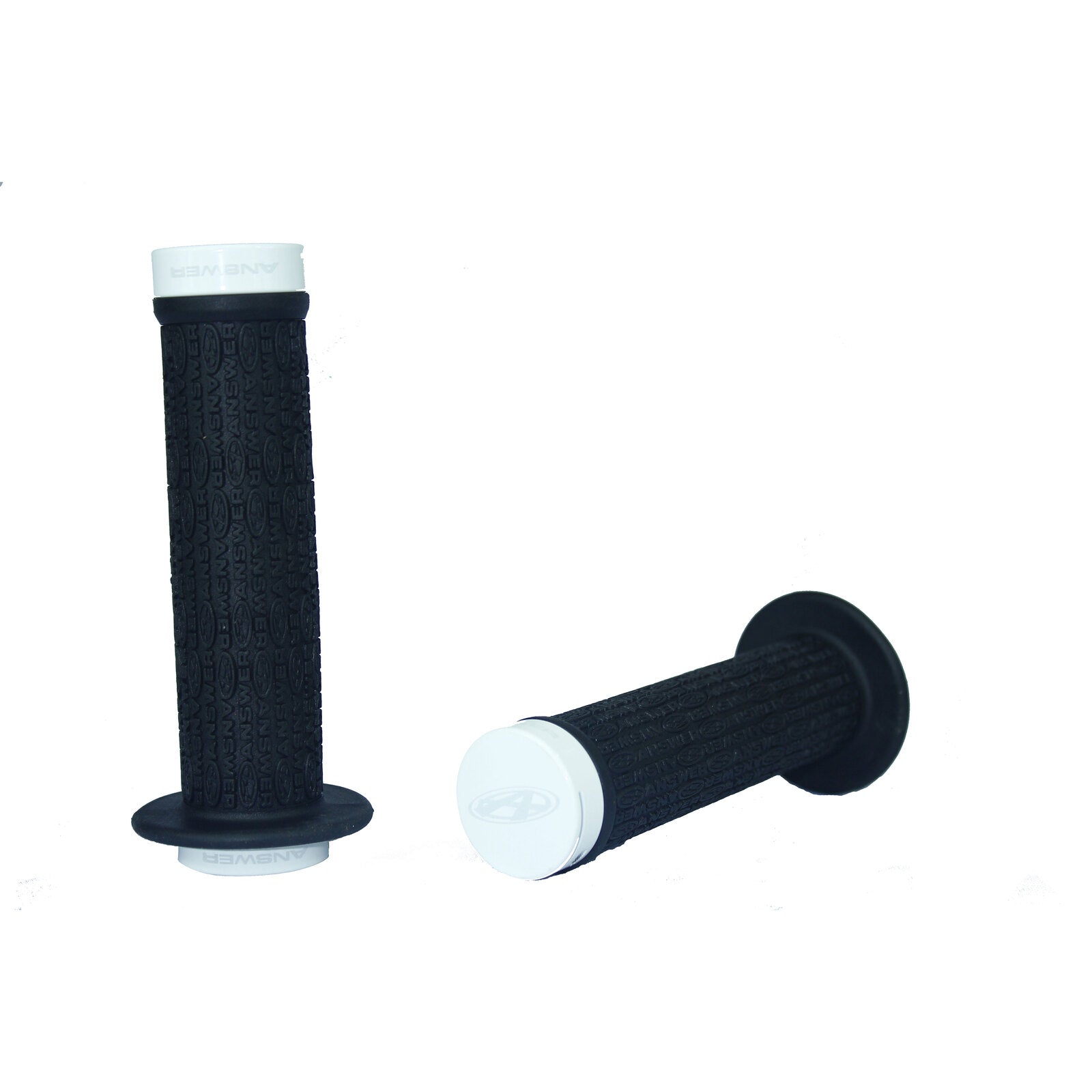 A pair of race bike grips, the Answer Mini Lock-On Flanged Grips, featuring a flangeless design, showcased on a white background.