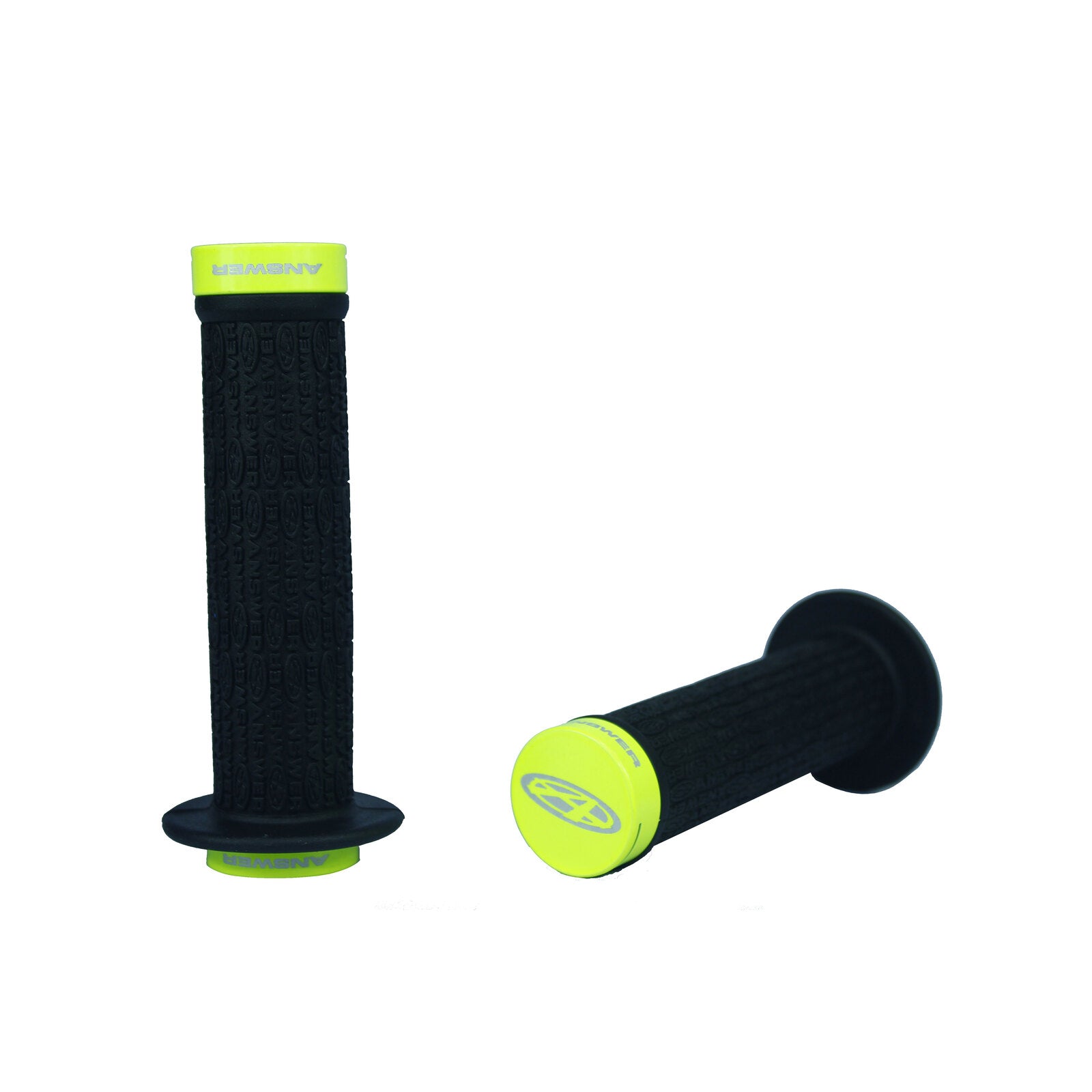 A pair of Answer Mini Lock-On Flanged Grips in black and yellow on a white background.