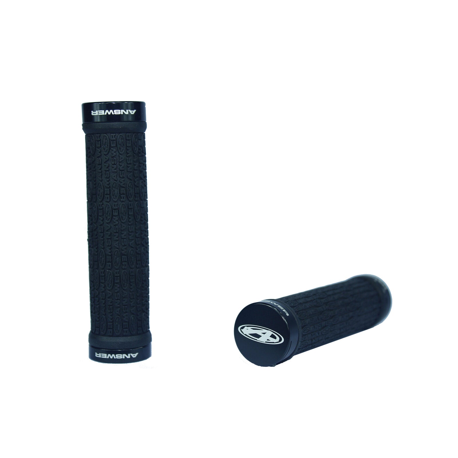 A pair of Answer Mini Lock-On Flangless Grips in black on a white background.