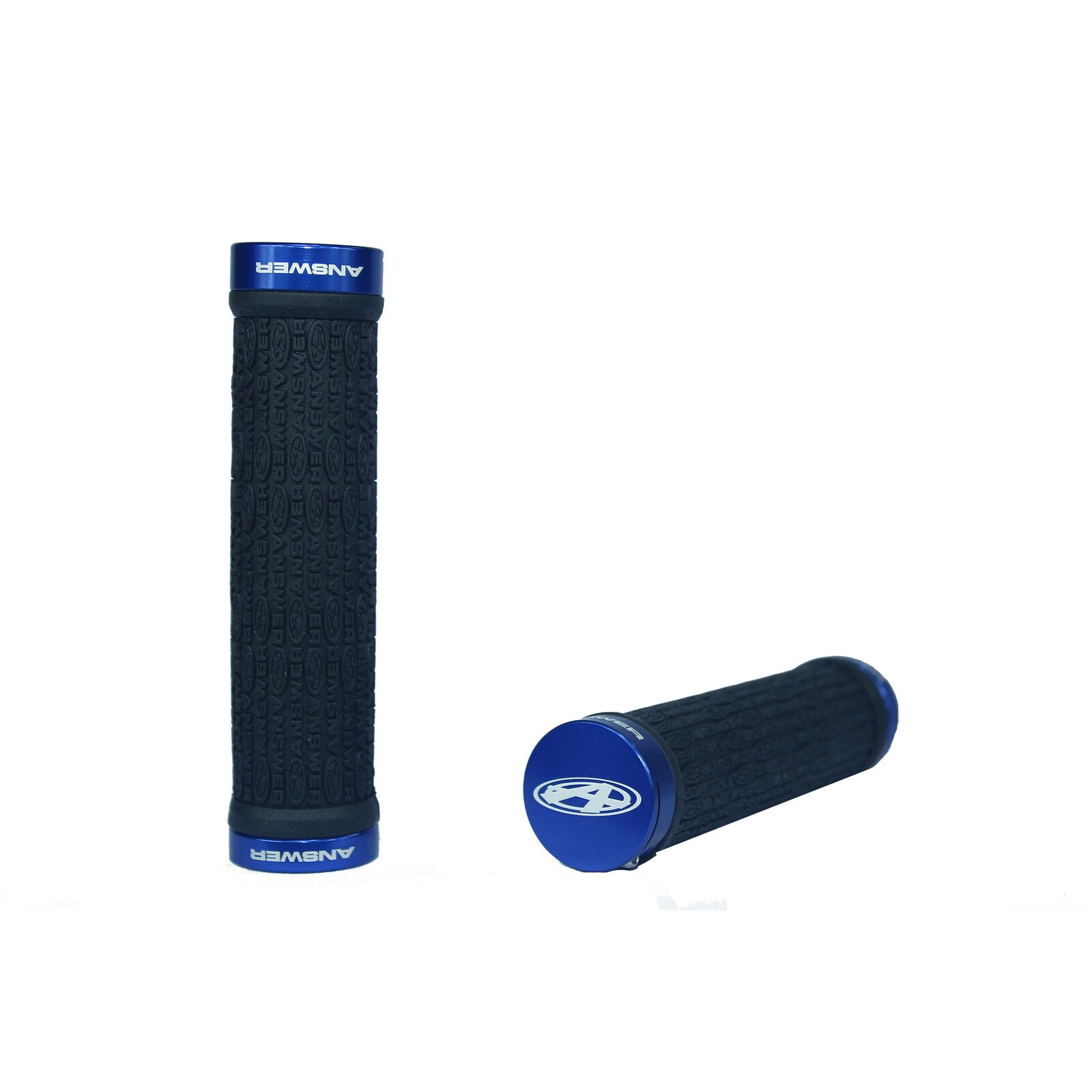 A pair of Answer Pro Lock-On Flangless Grips, with a black and blue color scheme, on a white background.