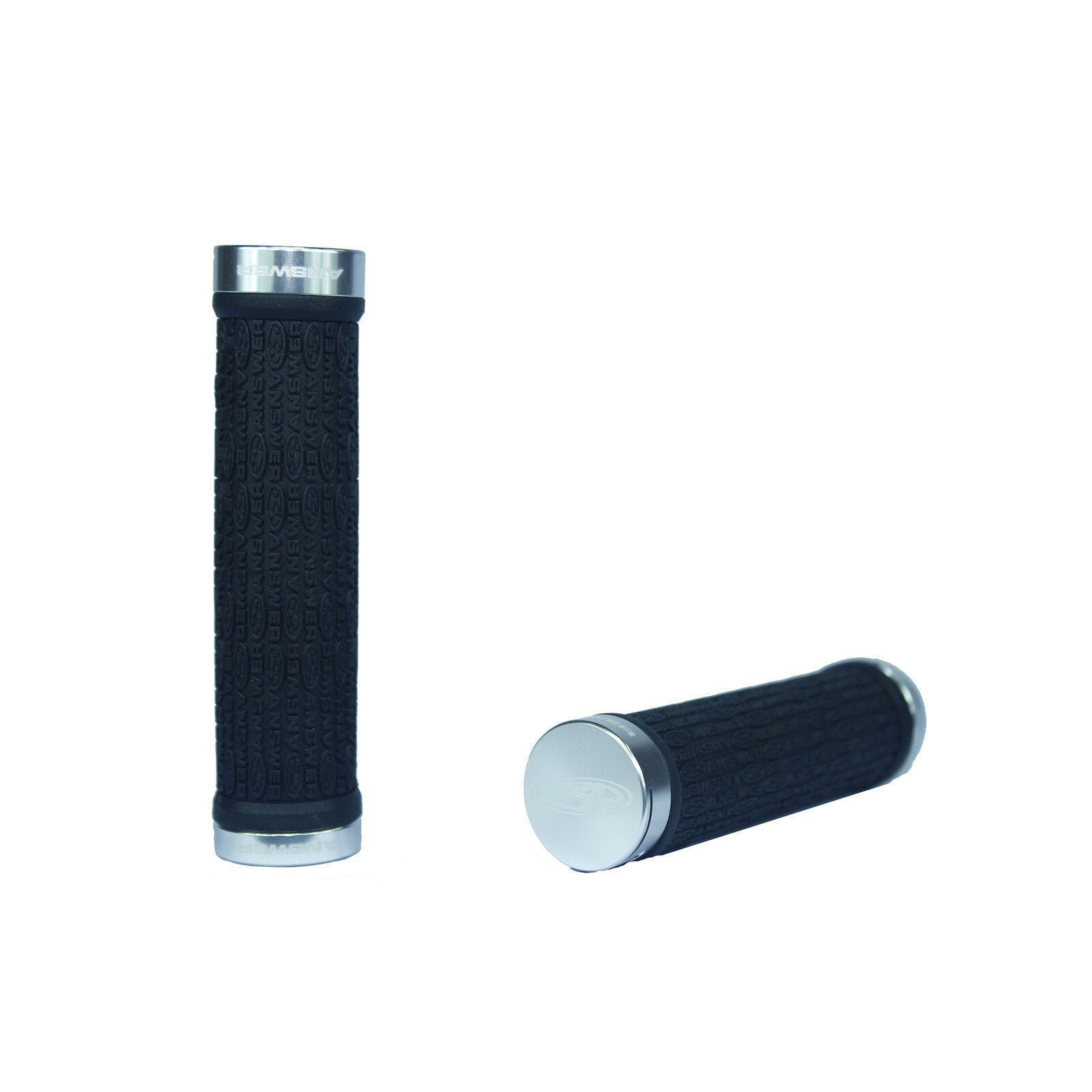A pair of Answer Pro Lock-On Flangless Grips with a black rubber texture on a white background.