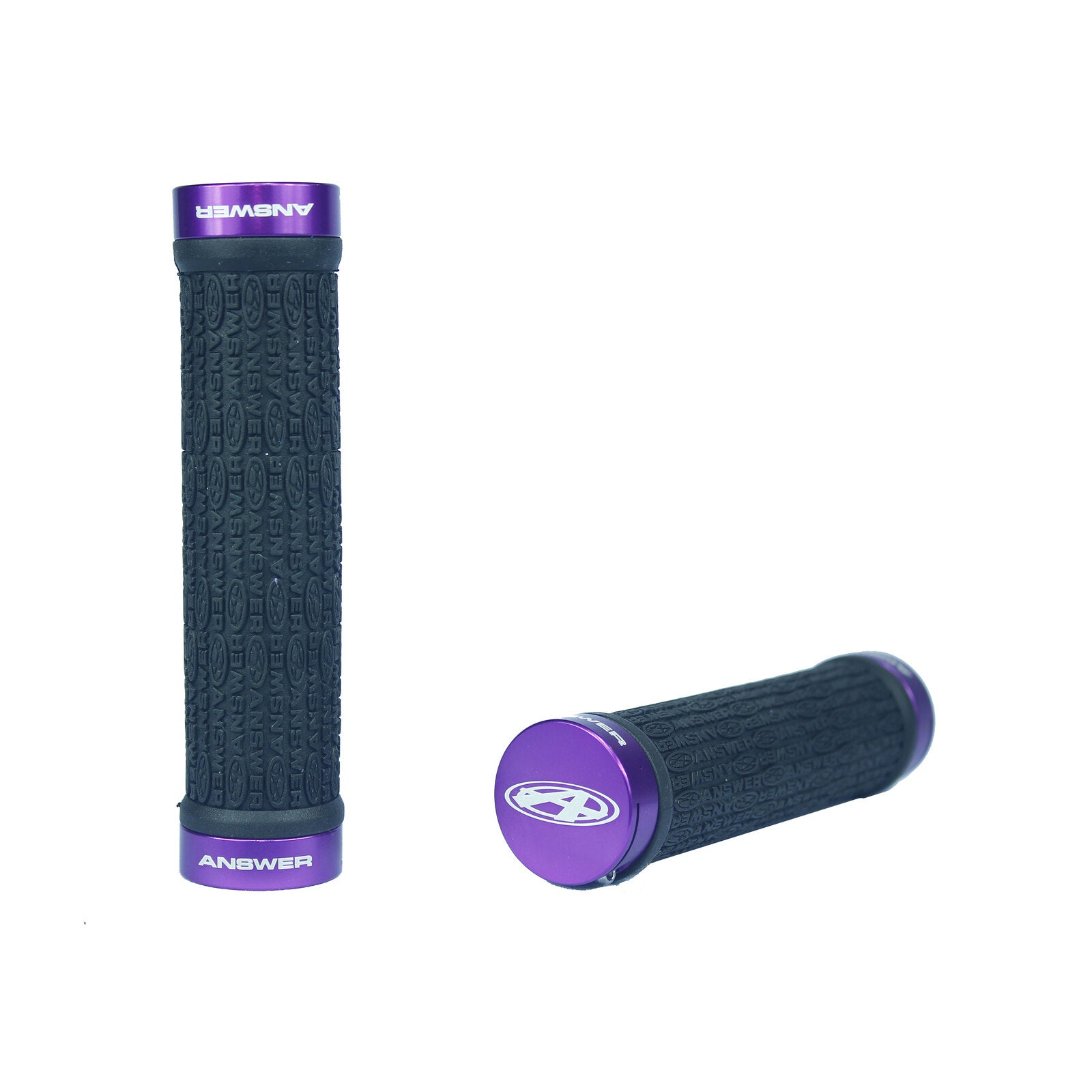 A pair of purple and black Answer Pro Lock-On Flangless Grips on a white background.