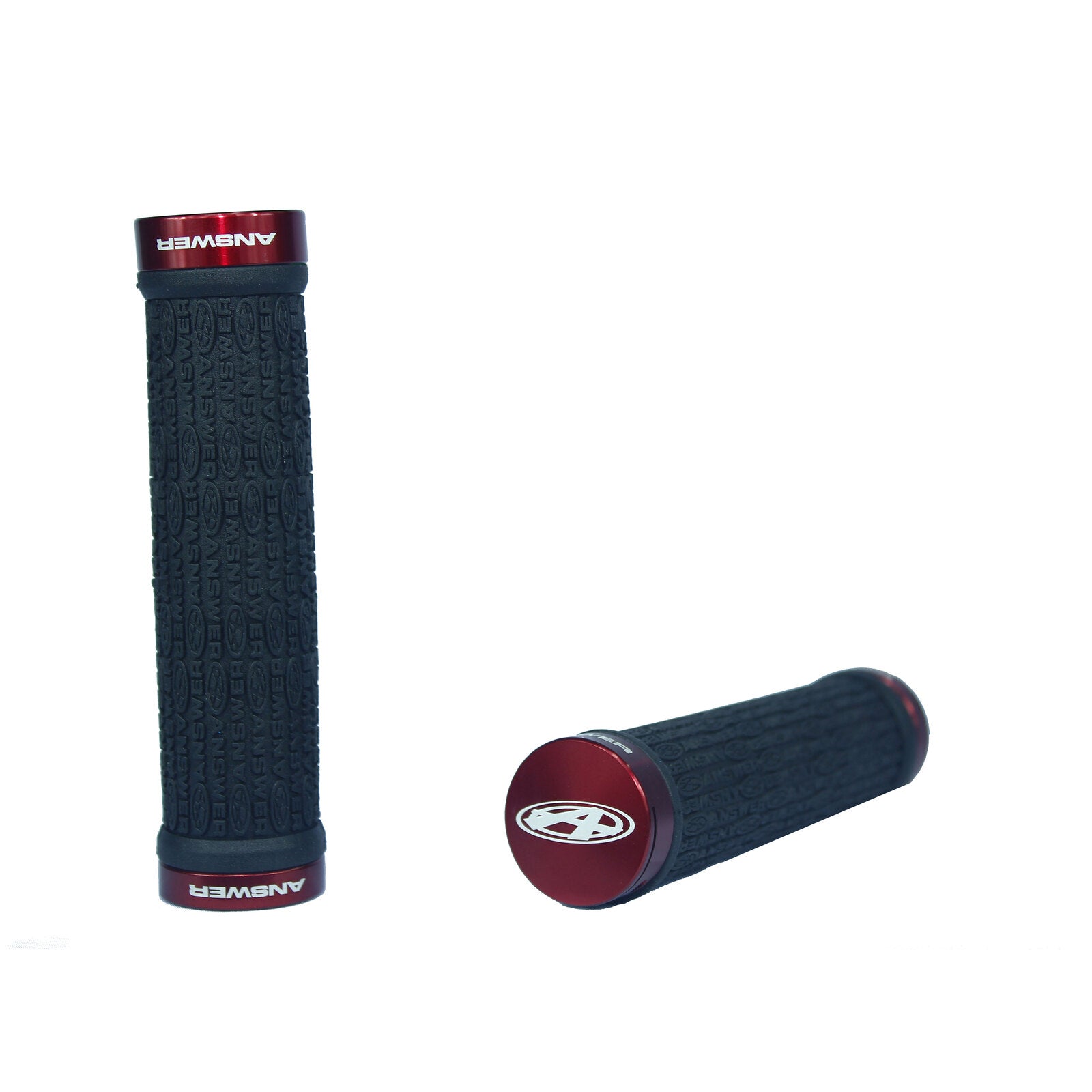 A pair of black and red Answer Mini Lock-On Flangless Grips on a white background, perfect for your bike.