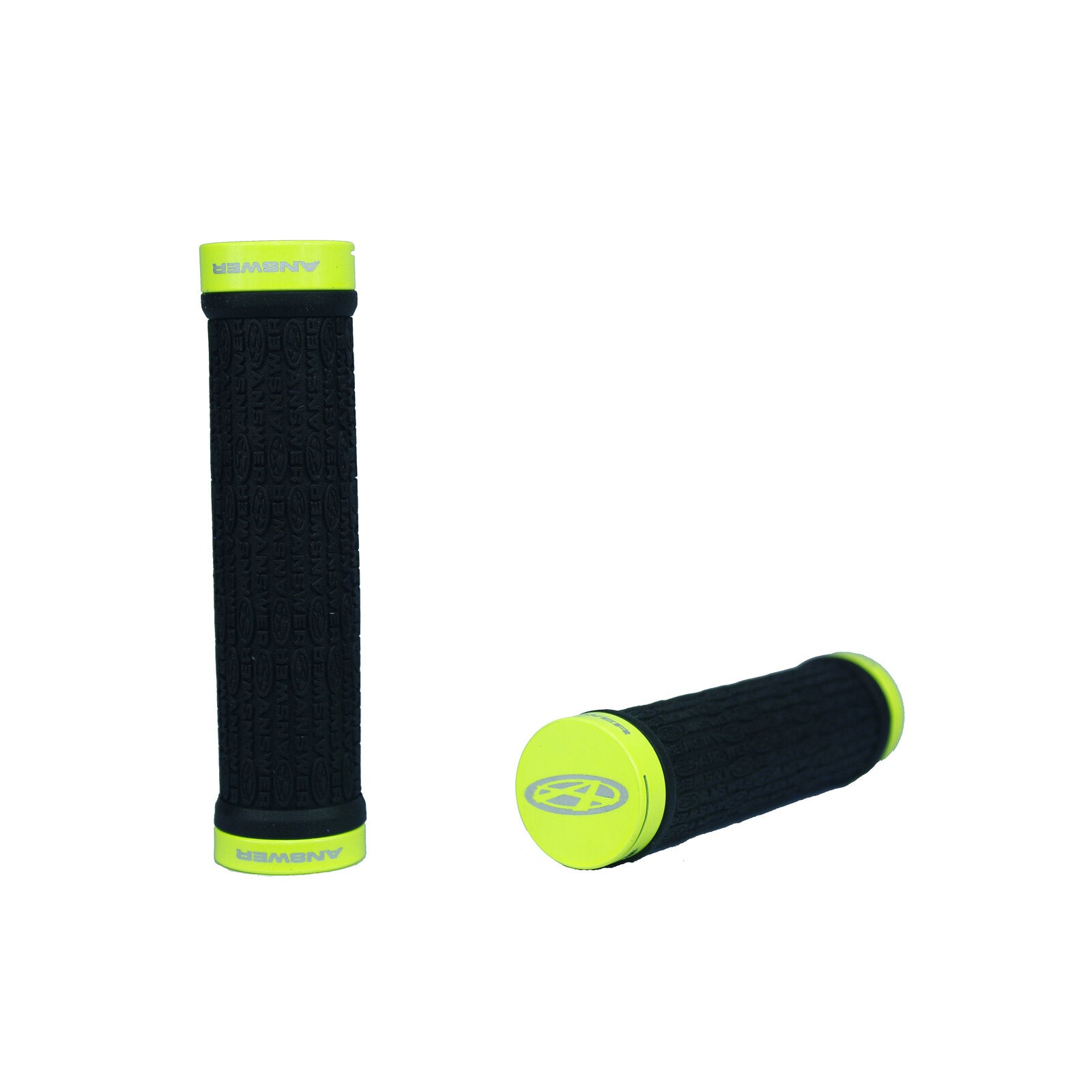 A pair of black and yellow Answer Mini Lock-On Flangless Grips on a white background.