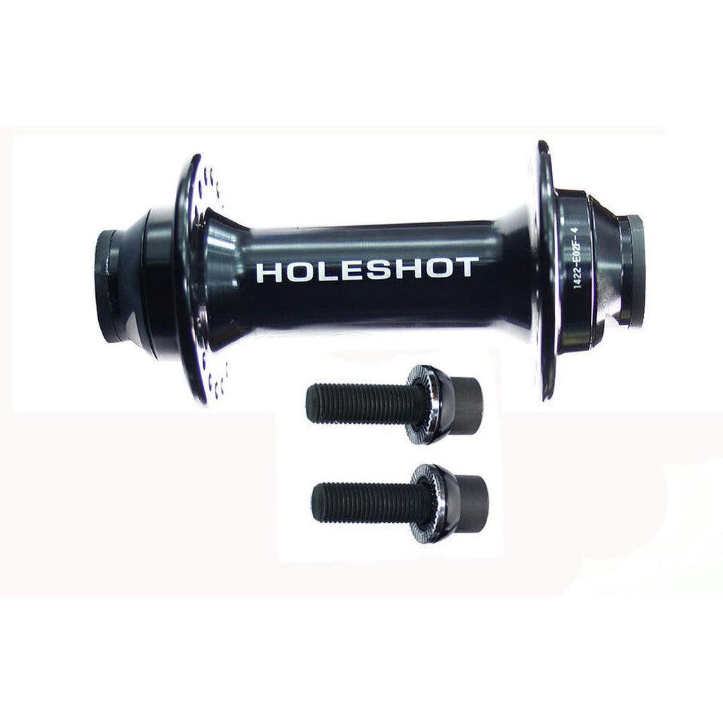 Black bicycle hub labeled "Answer Front 10mm Pro Hub 36H" with two bolts below it, featuring a robust Hub Shell Bearings setup.
