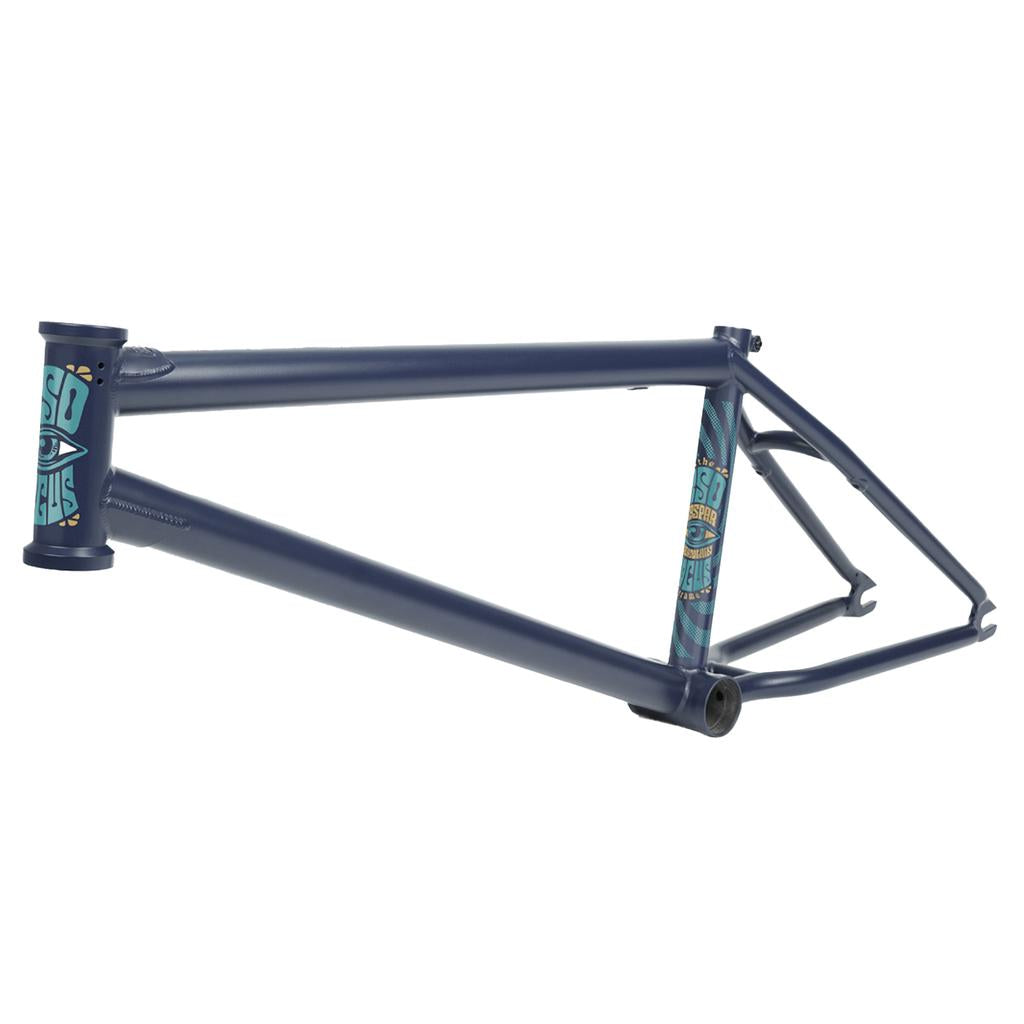 The BSD Focus Frame (Gaspar Guendulain) is a matte blue BMX frame with unique graphics on the head tube and seat tube, shown from a front-side angle against a white background—perfect for tall riders.
