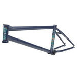 The BSD Focus Frame (Gaspar Guendulain) is a matte blue BMX frame with unique graphics on the head tube and seat tube, shown from a front-side angle against a white background—perfect for tall riders.