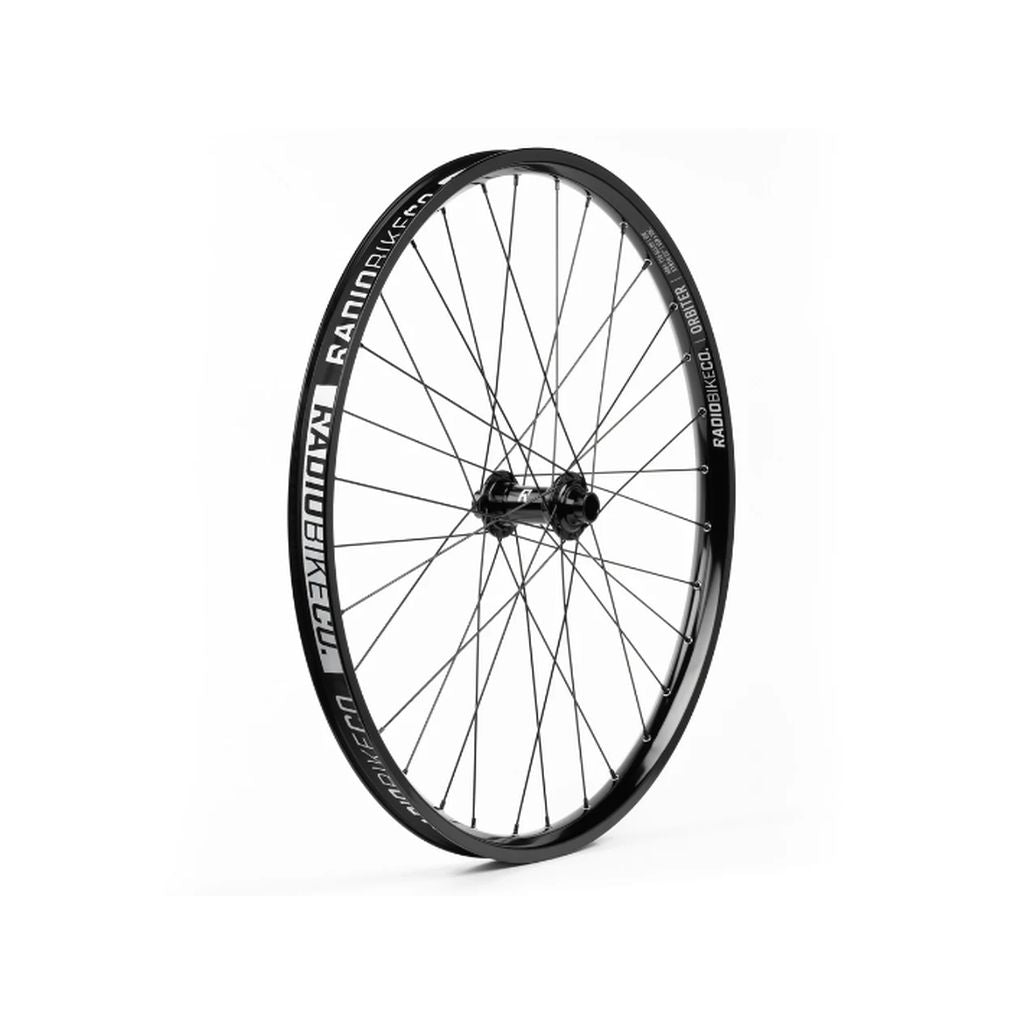 Radio Orbiter/Sonar 26 Inch Front Wheel with black spokes and a logo marked "Radio Bikes Orbiter" on the rim, displayed on a white background.