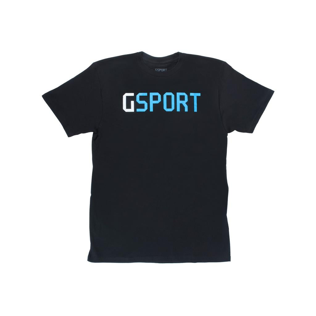 The G-Sport Brand T-Shirt is a black tee featuring "GSPORT" in bold white and blue block letters across the chest, offering a rock-inspired style for standout looks.