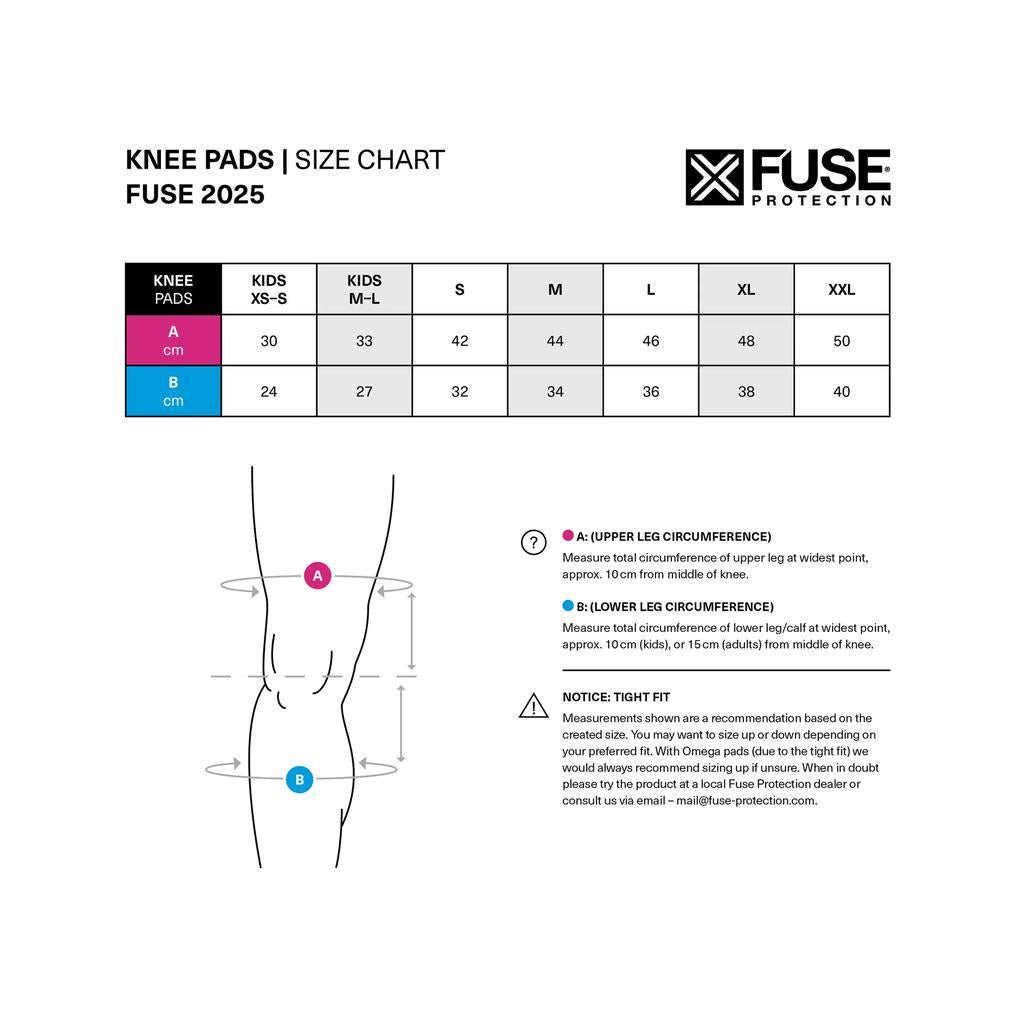 Fuse Alpha Classic Kids Knee Pads (Pair) 2025 size chart shows upper/lower leg circumference in centimeters from kids to XXL. Made with durable neoprene and impact protection, includes a diagram for easy measurement.