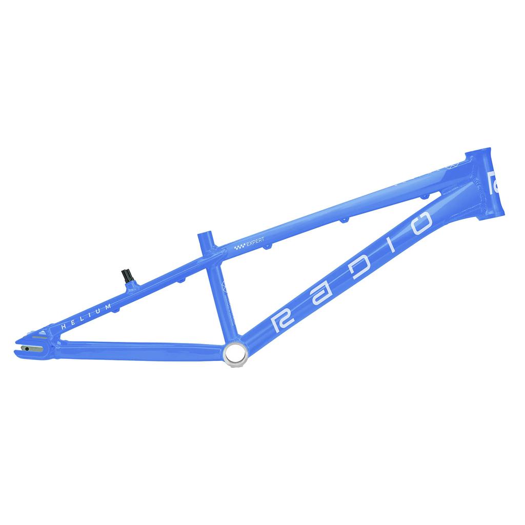 The blue BMX bike frame, named "Radio Raceline Helium 2025 Expert XL," showcases a sleek design on its side. Made from hydroformed 6061 alloy, it offers a minimalist look with lightweight construction.
