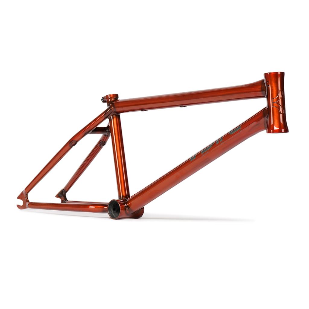 The Wethepeople ARC Frame (Murray Loubser), a metallic orange BMX street frame with a minimalist design, made from hydroformed 4130 CrMo, is pictured from the side on a white background.