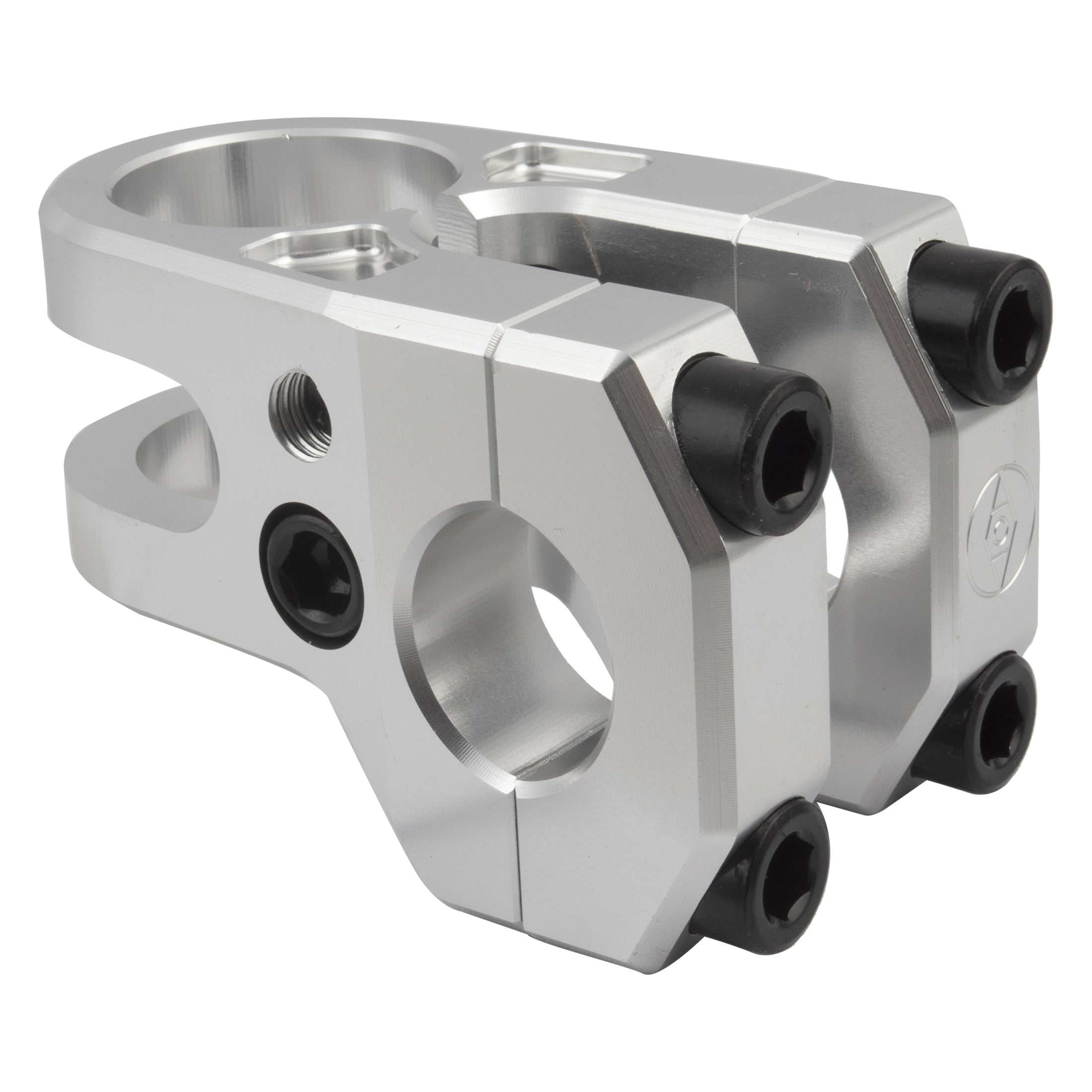The Alienation Iron Maiden Stem 42mm is a pair of CNC-machined silver 7075-T6 BMX stems with black bolts, angular edges, and cylindrical openings for handlebar and fork attachment.