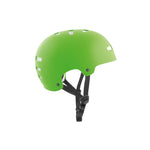 The TSG Evolution Helmet in Satin Lime Green features ventilation slots, high-impact protection, and an adjustable black chin strap, shown from the side.