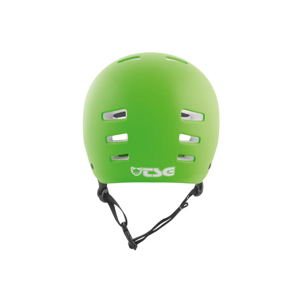 The TSG Evolution Helmet in Satin Lime Green features hardshell construction, ventilation slots, high-impact protection, and an adjustable black chin strap; shown from the back.
