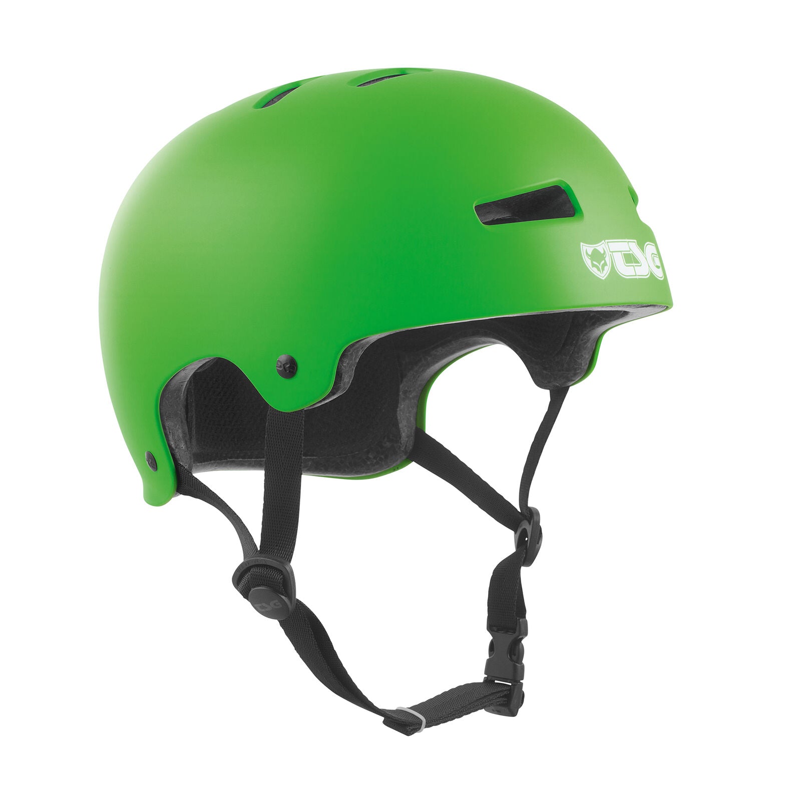 The TSG Evolution Helmet in Satin Lime Green features hardshell construction, ventilation holes, black adjustable straps, and a white side logo.