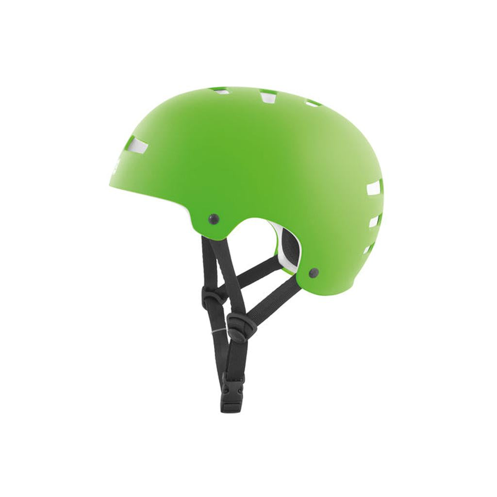 The TSG Evolution Helmet in Satin Lime Green features hardshell construction, multiple ventilation holes, and an adjustable black chin strap for a secure fit.