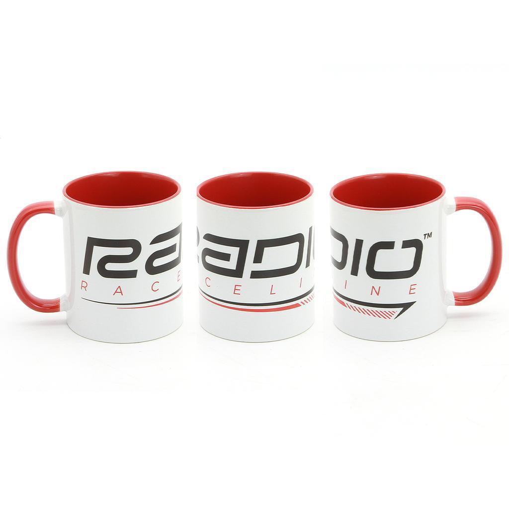 Three white 12oz Radio Raceline Coffee Mugs with red interiors and handles are displayed side by side, each showing part of "RACELINE" in a bold black and red font—ideal for motorsport fans seeking unique track or radio mugs.