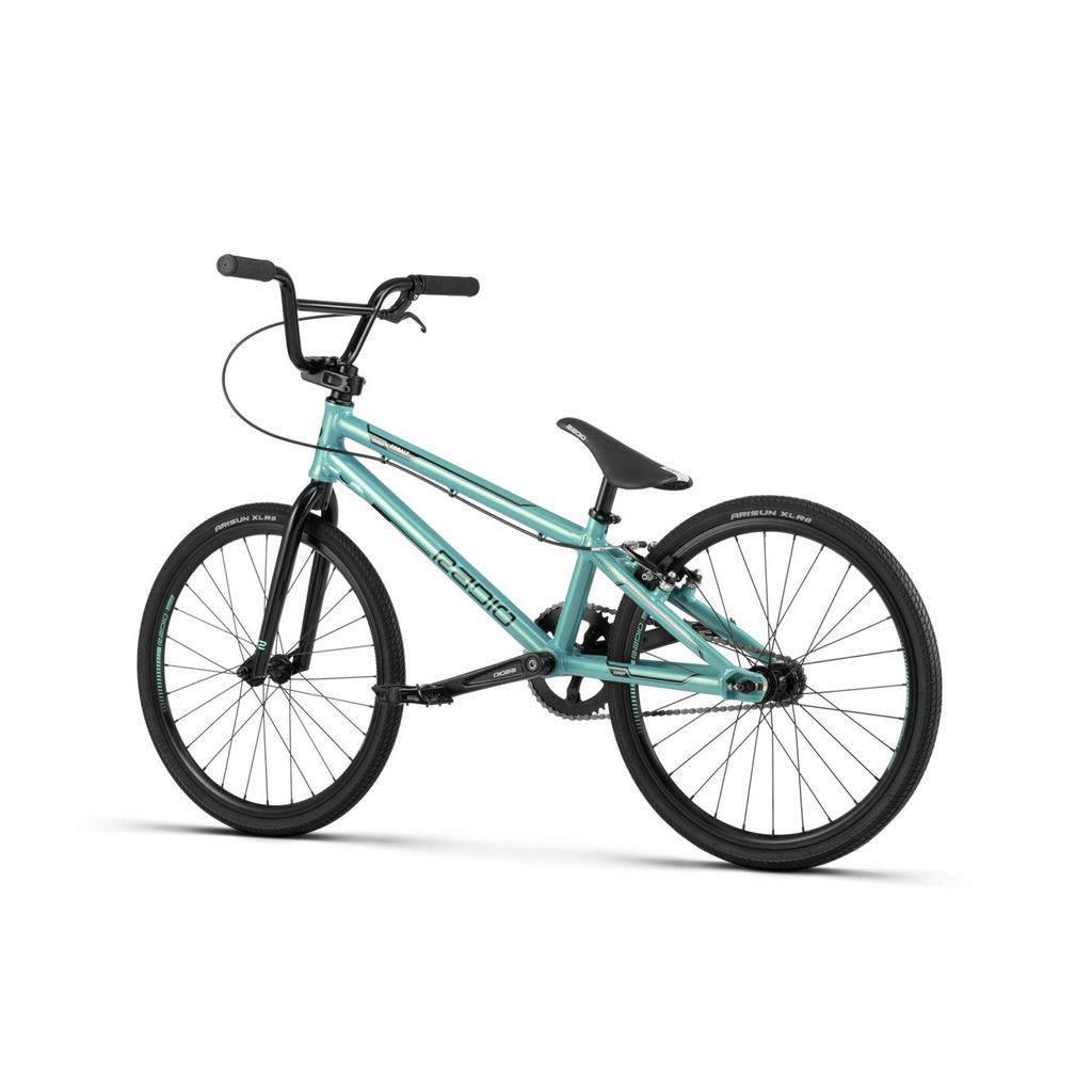 A light blue Radio Cobalt Expert Bike from Radio Raceline with black handlebars, black seat, and black tires is displayed on a white background.