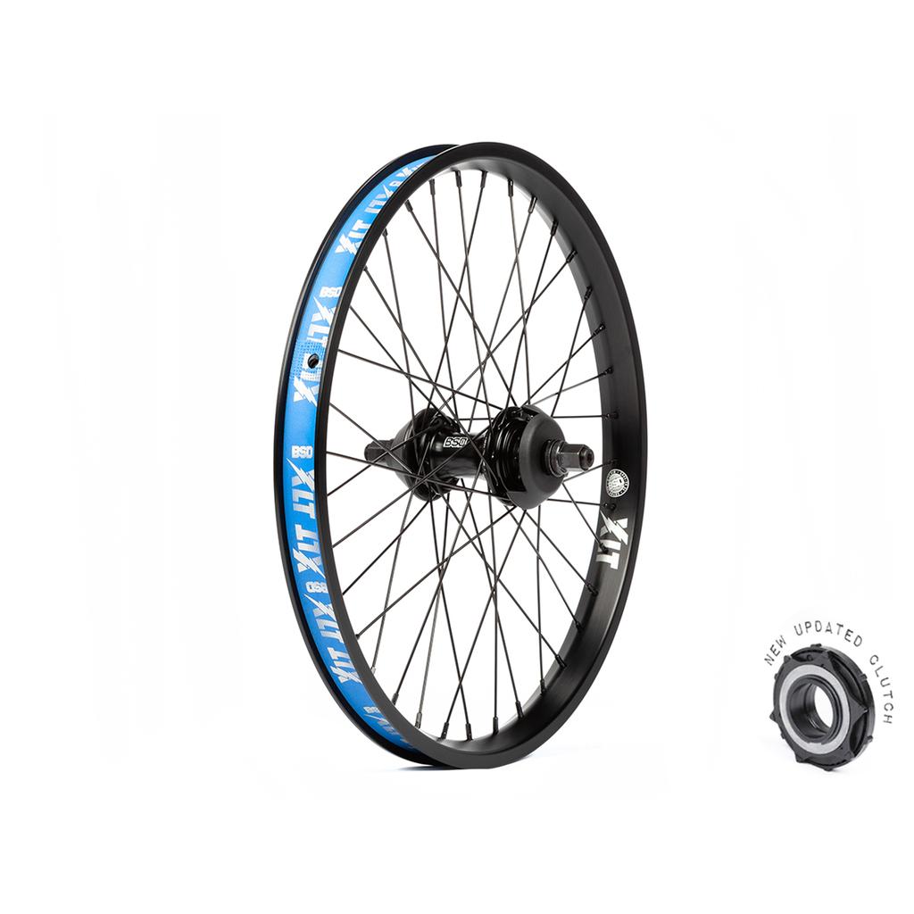 The BSD XLT x Revolution V1.5 Rear Wheel is a black BMX wheel with blue and white decals, featuring an XLT rim and a v1.5 Revolution hub; inset image highlights the updated Planetary Clutch Mechanism.