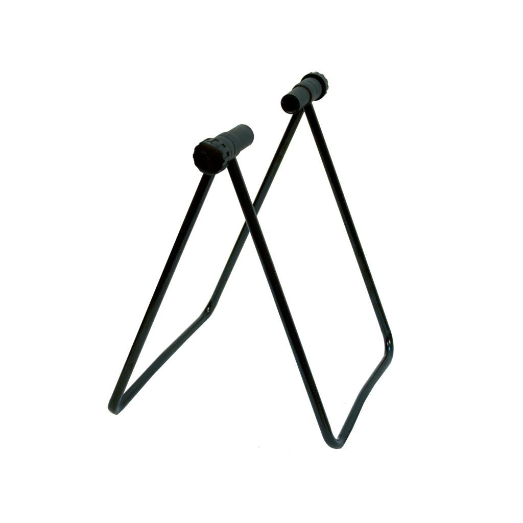 The Hi-Tech Display Stand is a black powder-coated, foldable stand with two tubular arms in an inverted V shape, ideal for displaying items like guitars or bikes in any showroom.