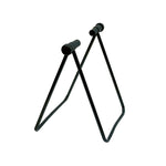 The Hi-Tech Display Stand is a black powder-coated, foldable stand with two tubular arms in an inverted V shape, ideal for displaying items like guitars or bikes in any showroom.