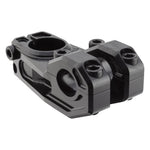 The Alienation Vault Stem is a black metal bicycle stem featuring multiple bolt holes and a sleek, angular design for securely attaching handlebars to your bike.