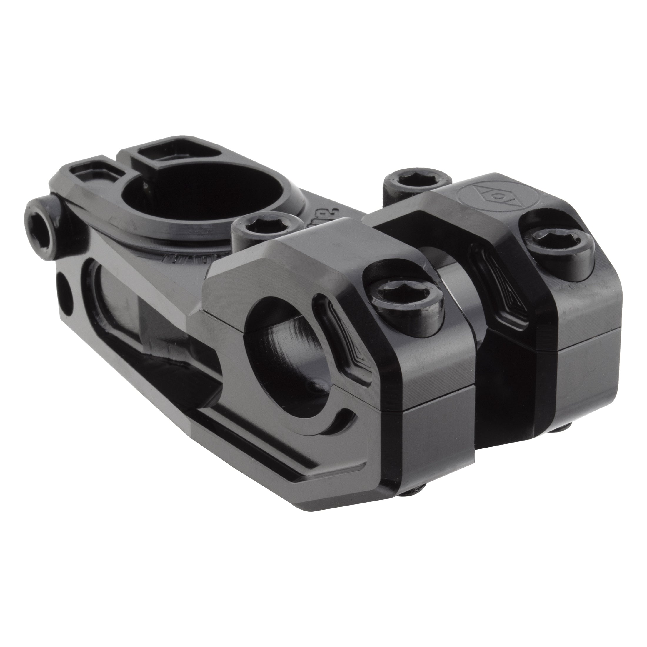 The Alienation Vault Stem is a black metal bicycle stem featuring multiple bolt holes and a sleek, angular design for securely attaching handlebars to your bike.