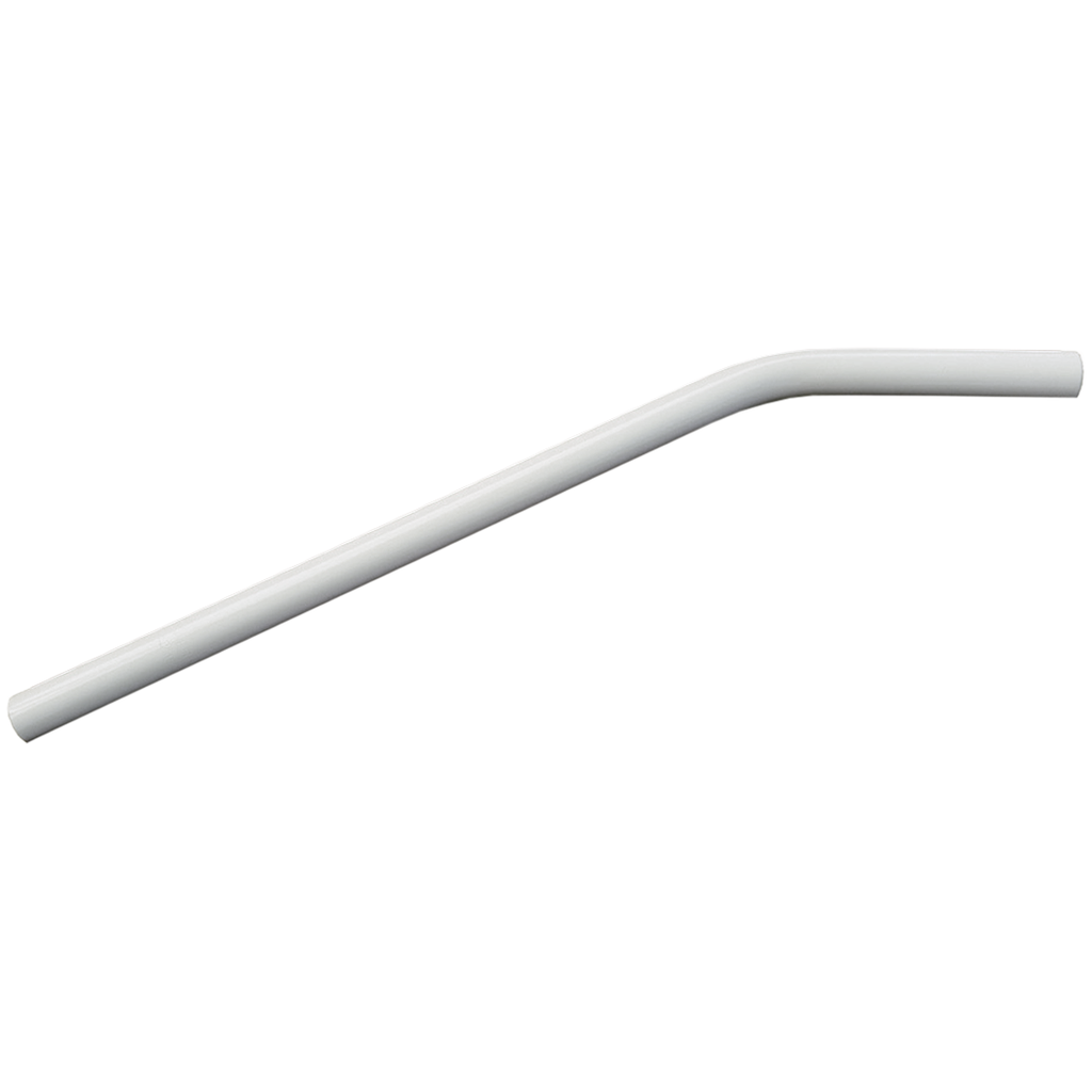 White plastic drinking straw with a bent neck isolated on a white background, resembling the DRS Layback 22.2mm Seat Post specification.