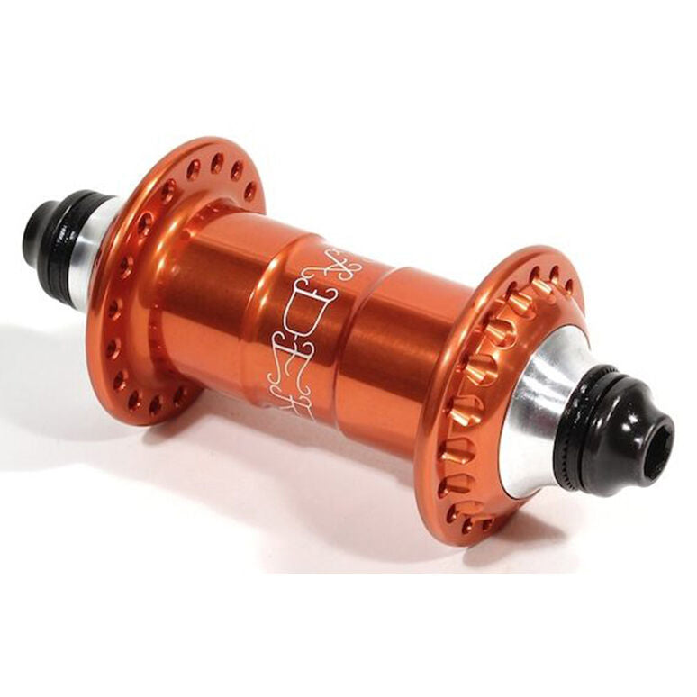 The Madera Pilot V2 Front Hub is shown in orange anodized finish with multiple spoke holes, black axle ends, and silver accents on both sides, displayed against a white background.