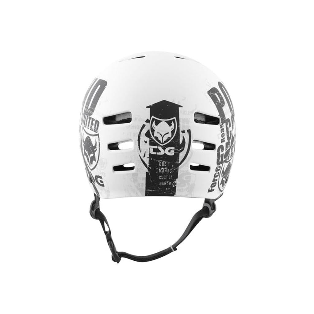 The TSG Evolution Helmet / Goldbeck Protest features black graphics and text on white, hardshell construction, ventilation holes, and an adjustable chin strap for a secure Tuned Fit System.